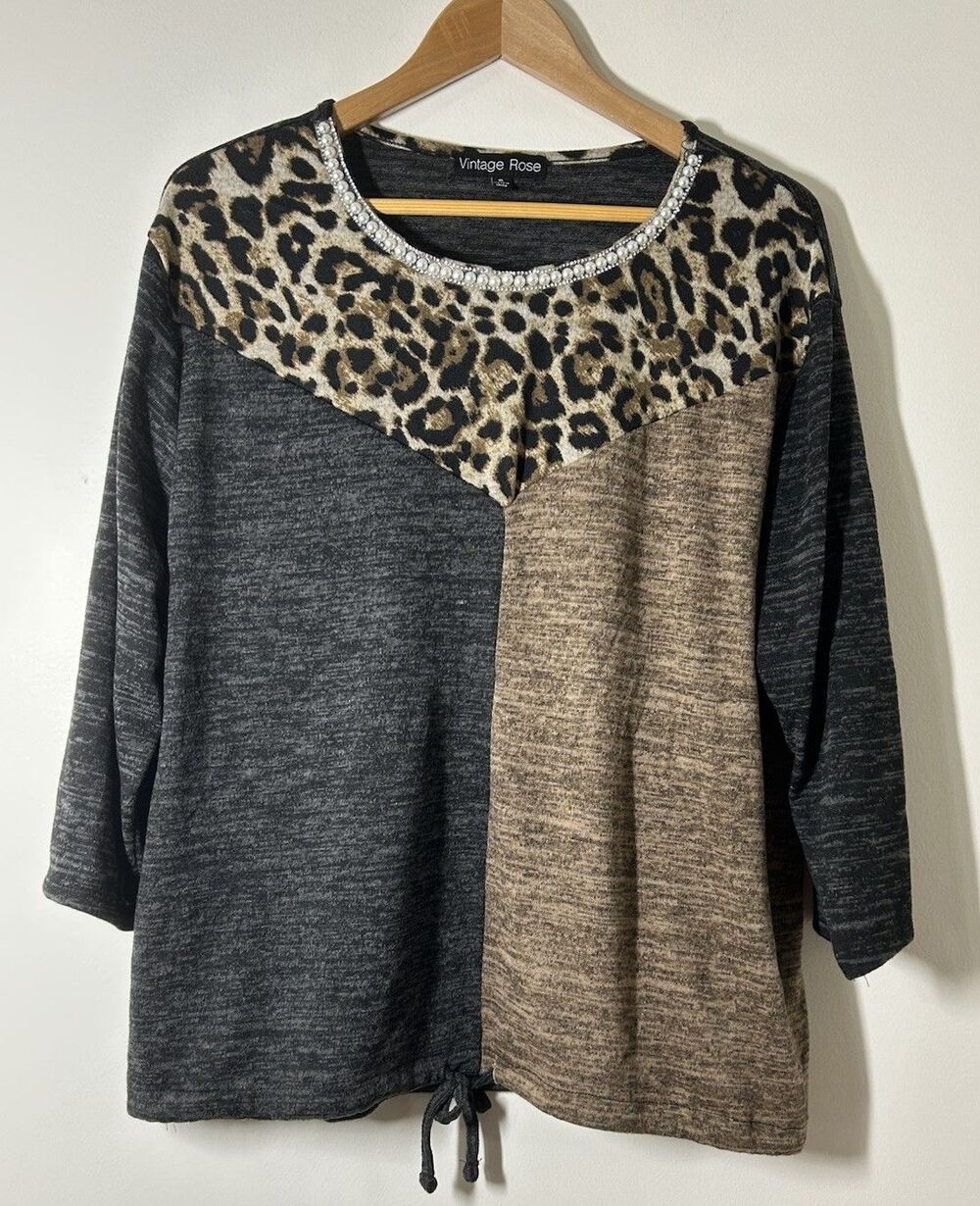 Vintage Rose Women's XL Animal Print Knit Sweater Long Sleeves Tie Bottom